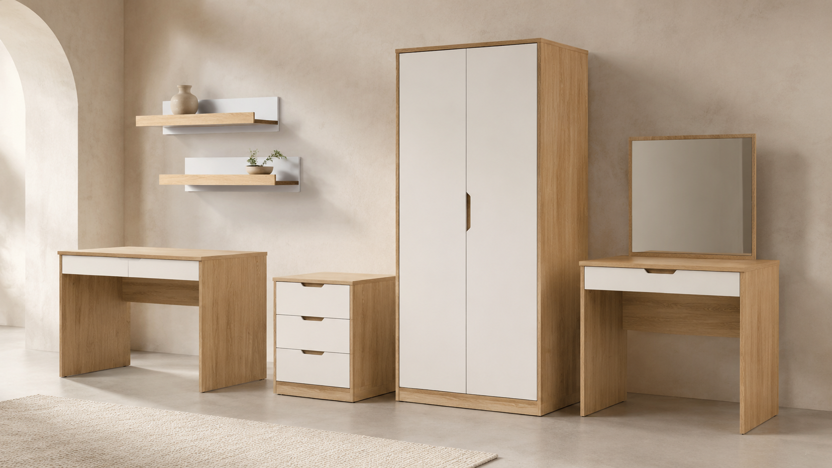 Colección de muebles Kitbox Home en blanco mate y roble natural